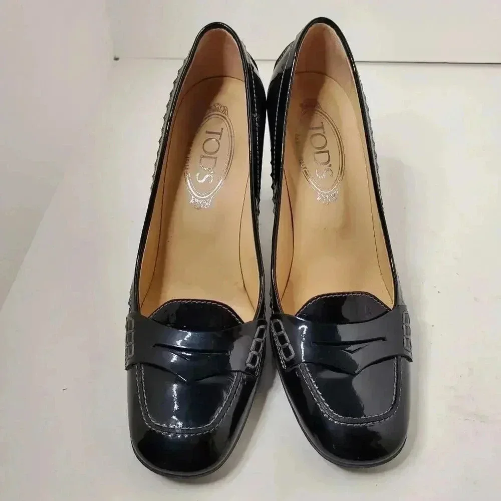 Tod's Black Patent Leather 'Jodie' Penny Loafer Pumps 8